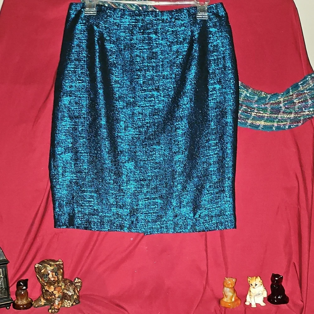 EUC The Limited Black and Teal Metallic Tweed Pencil Skirt - Picture 1 of 3